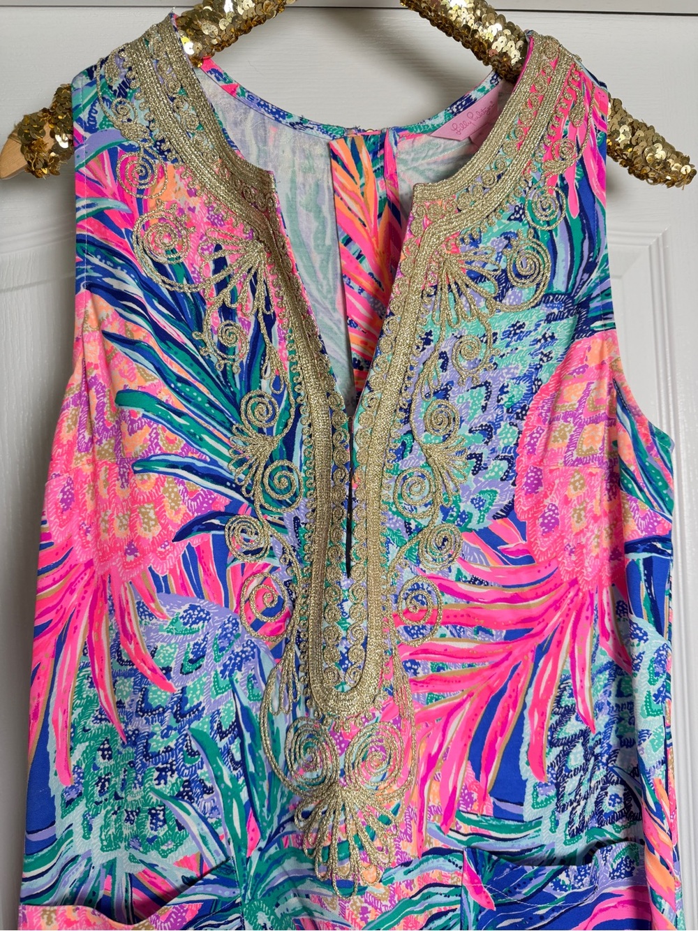 Lilly Pulitzer Carlotta stretch shift dress in Gypset Paradise with gold trim - Picture 2 of 4